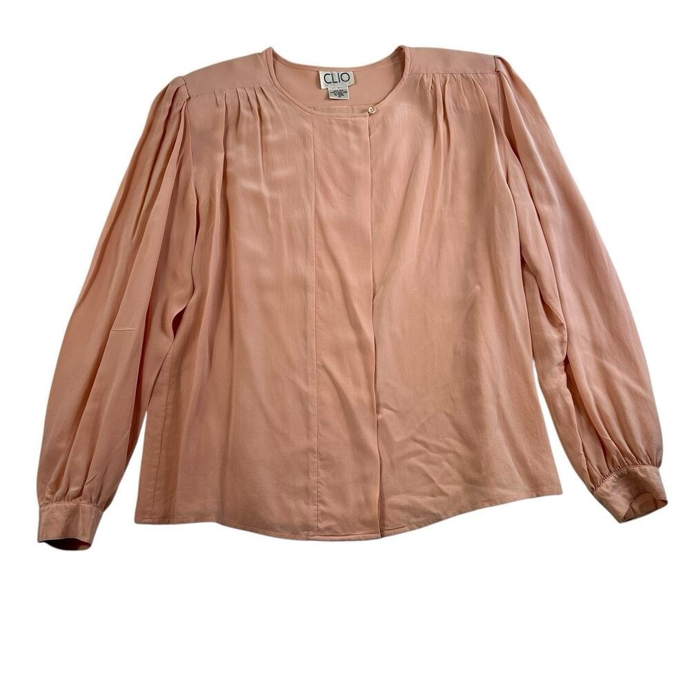 CLIO Sz 10 Blouse Silk Long Sleeve Pleated Peach Button Front Cottagecore Dainty